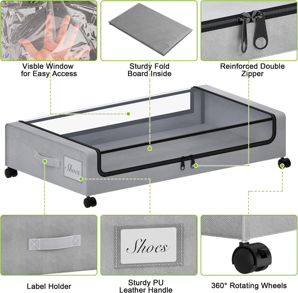 Under Bed Storage with Wheels, 2 Pack Under bed Storage Containers with Clear...