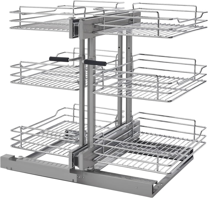 Rev-A-Shelf Chrome 3-Tier Wire Pullout Organizer with Soft-Close for Blind Corner Kitchen/Bathroom Cabinets, Adjustable 6-Basket Storage System, Min Opening Width of 15", 5PSP3-15SC-CR