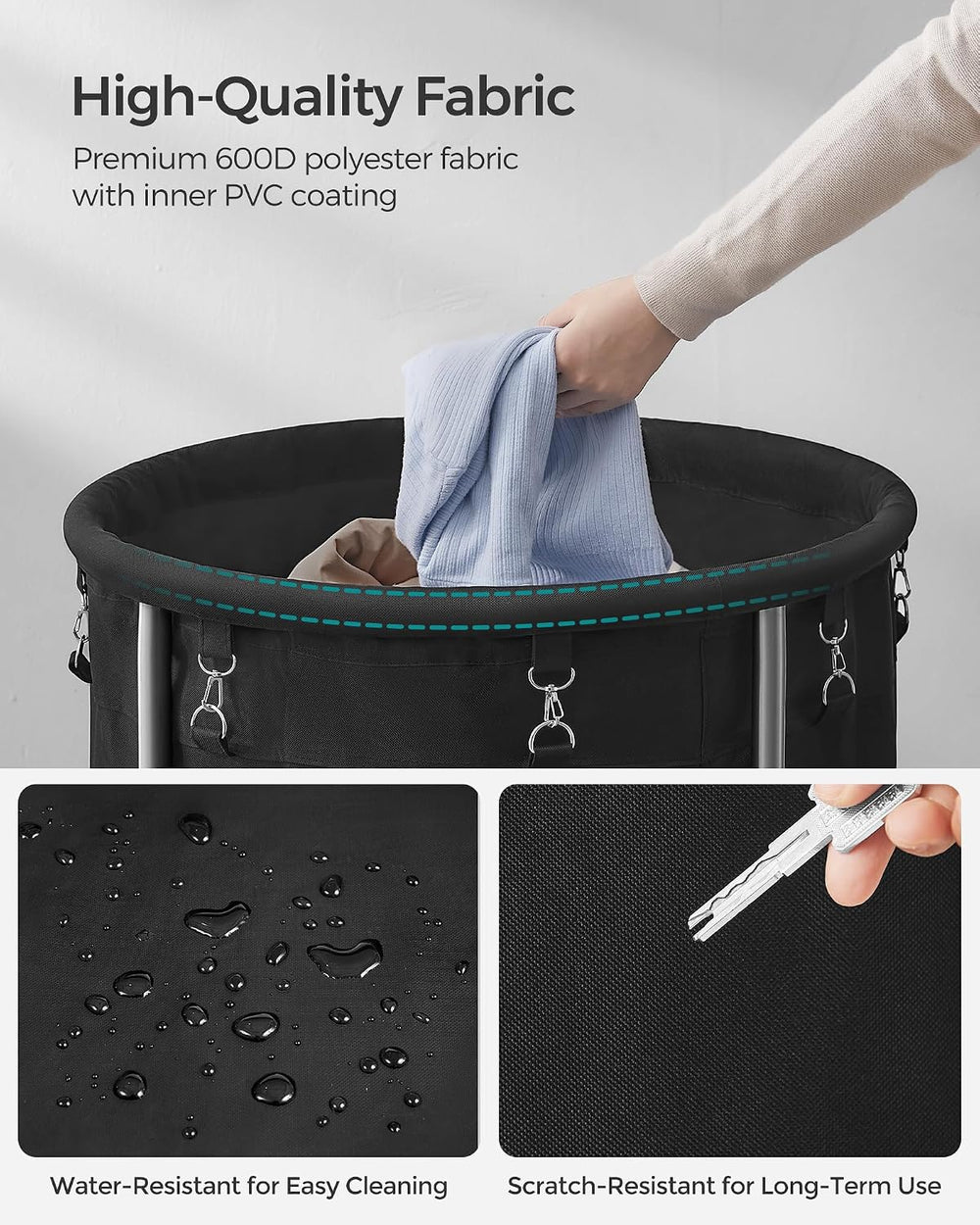 SONGMICS Laundry Basket with Wheels,190L, Steel Frame, Removable Bag