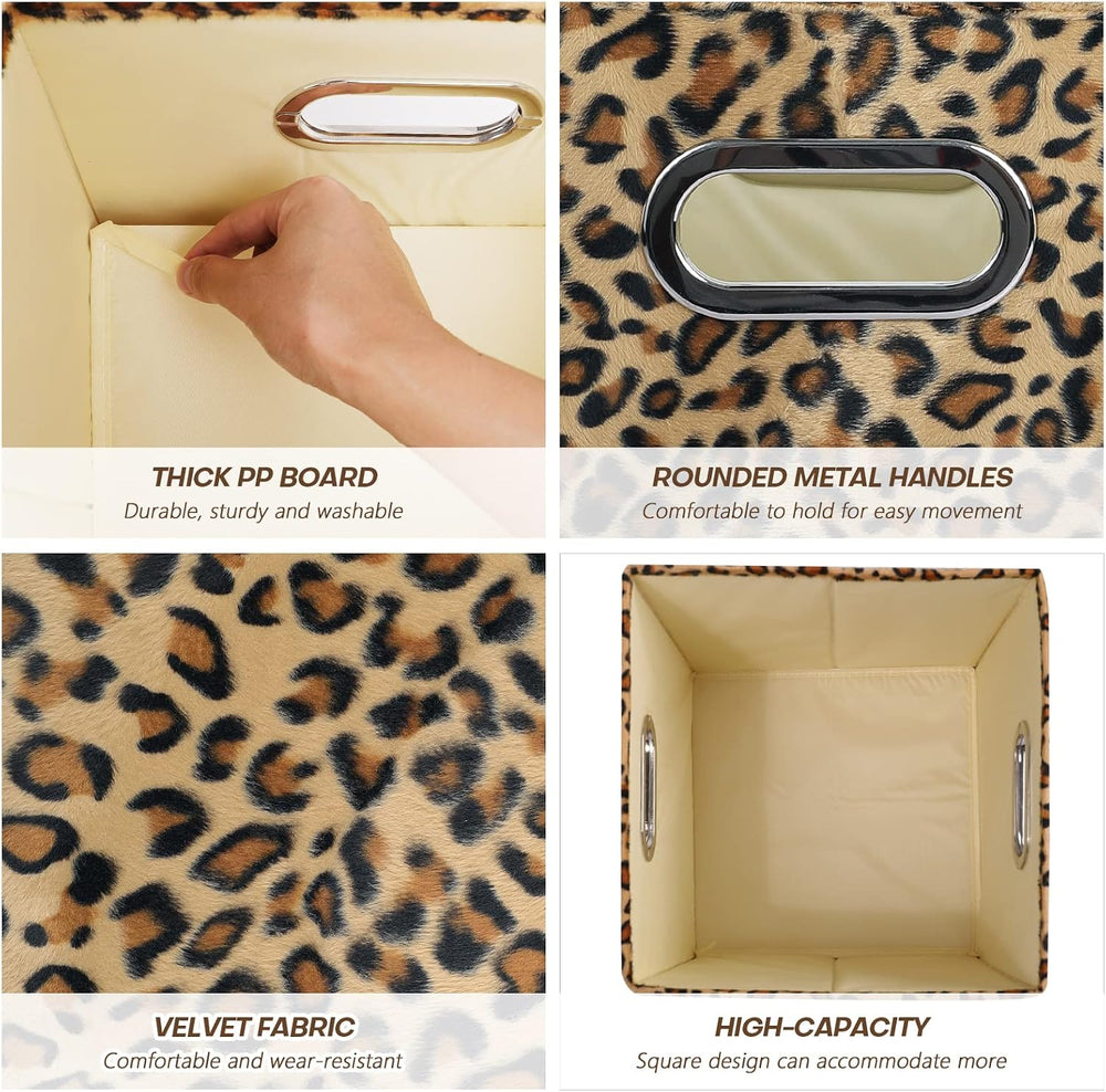 ANMINY Leopard Cheetah Print Storage Cubes Bins, Velvet, Brown, 11Inch 4PCS
