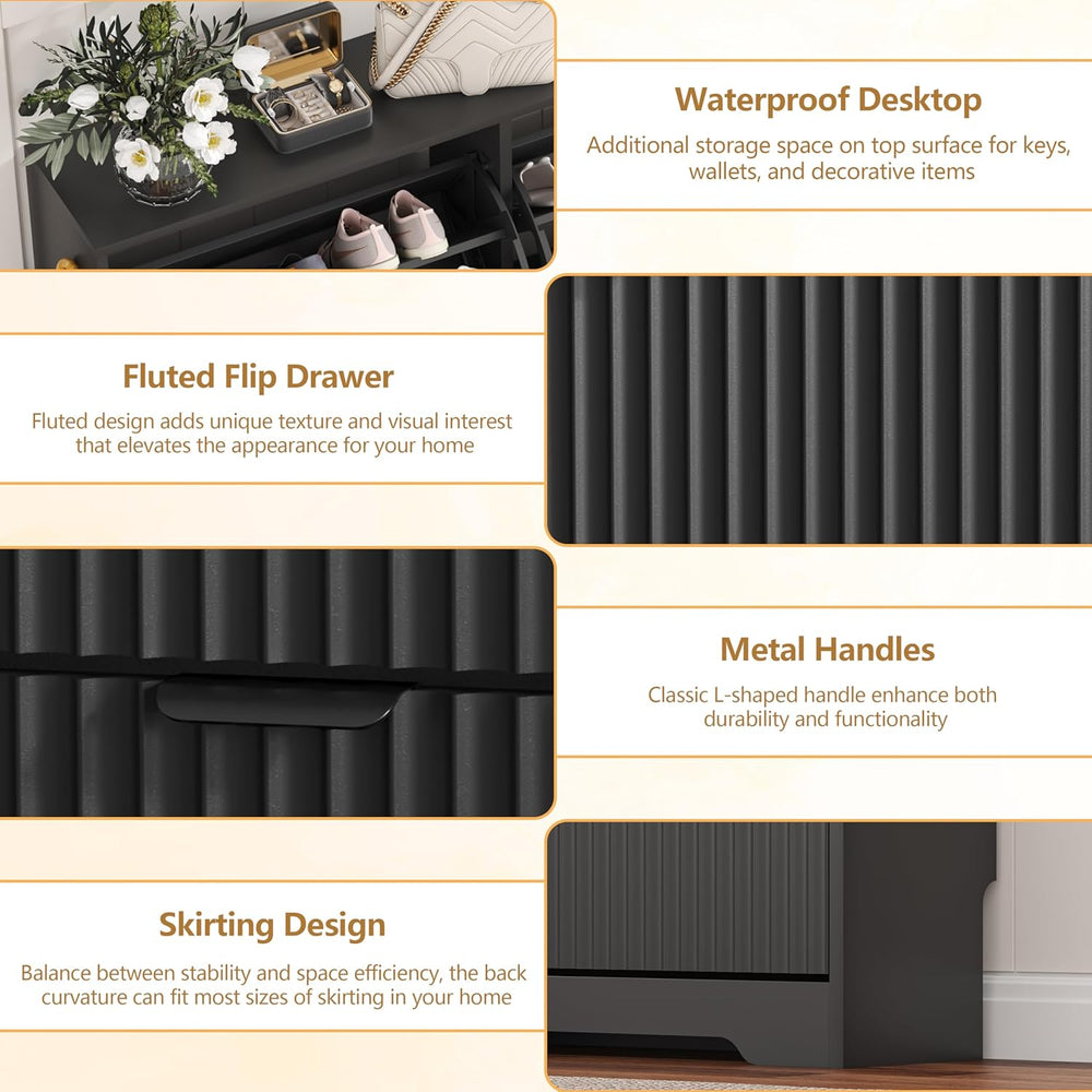 HUANLEGO Shoe Cabinet Storage for Entryway with 3 Flip Drawers, Black Fluted ...