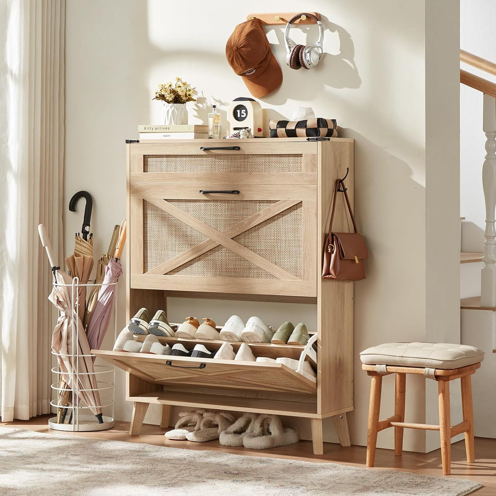 LEYAOYAO Rattan Shoe Cabinet Storage for Entryway with 2 Flip Drawers