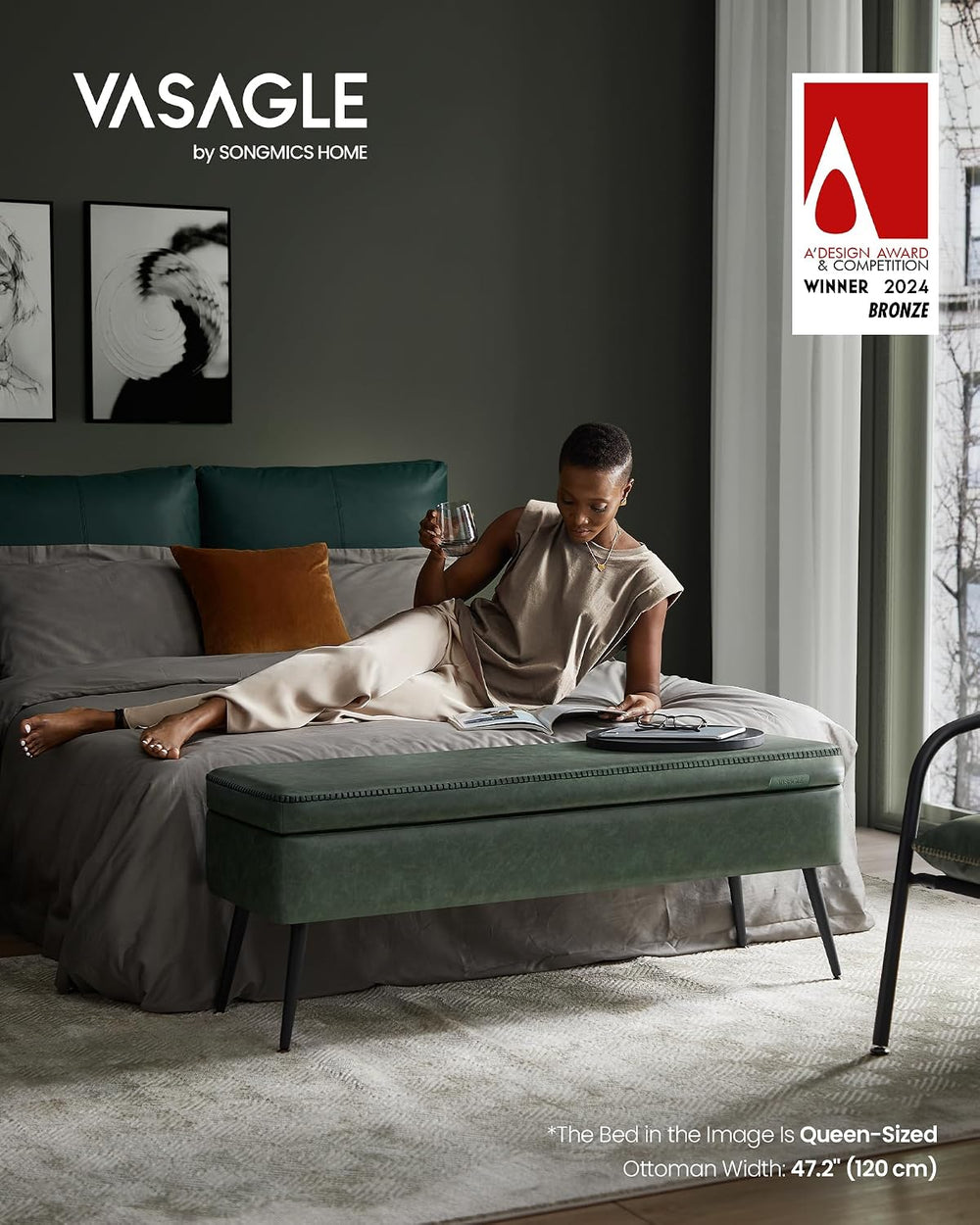 VASAGLE Storage Ottoman Bench, PU Leather, Steel Legs