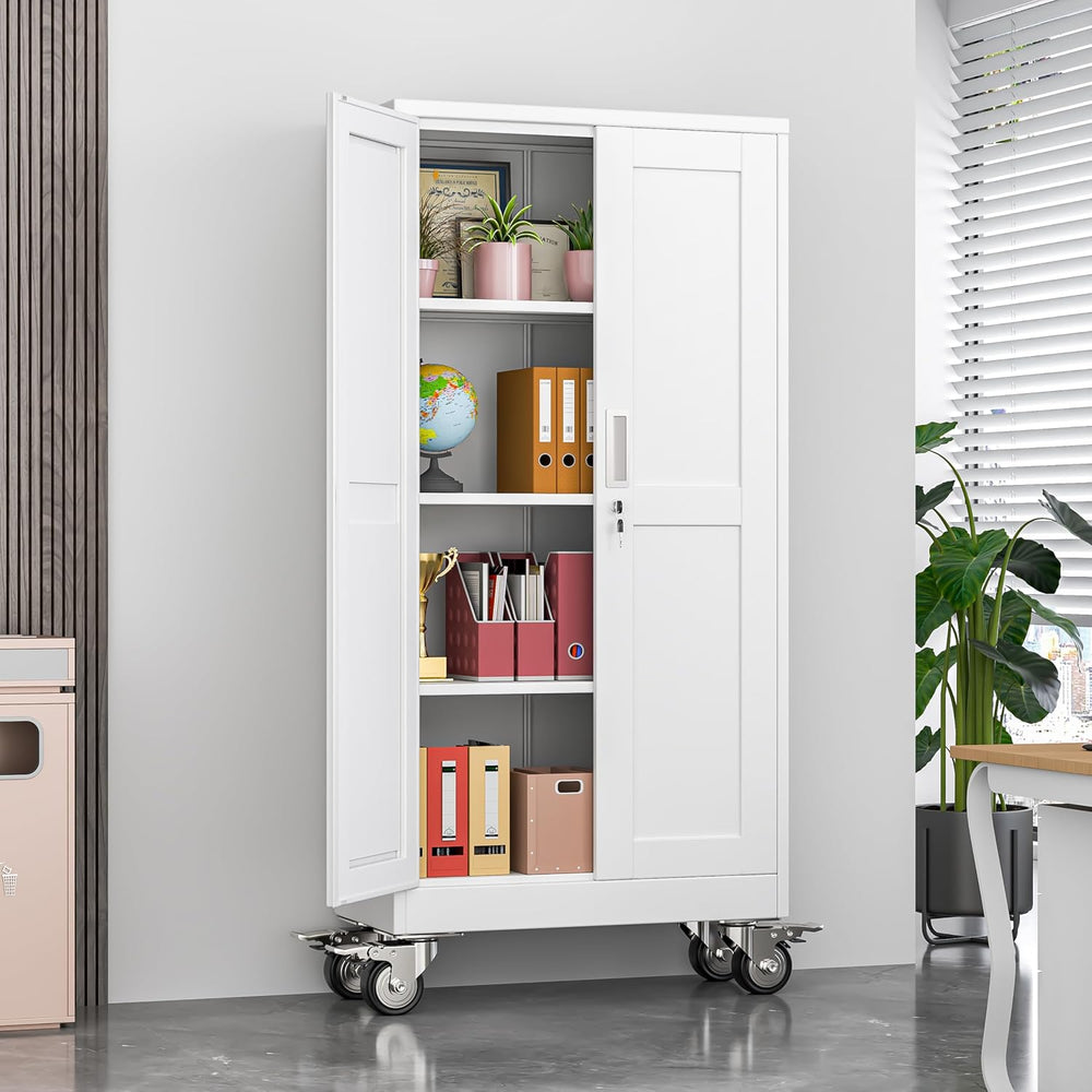 Metal Garage Storage Cabinet, 61”Tall Rolling Utility Cabinet White