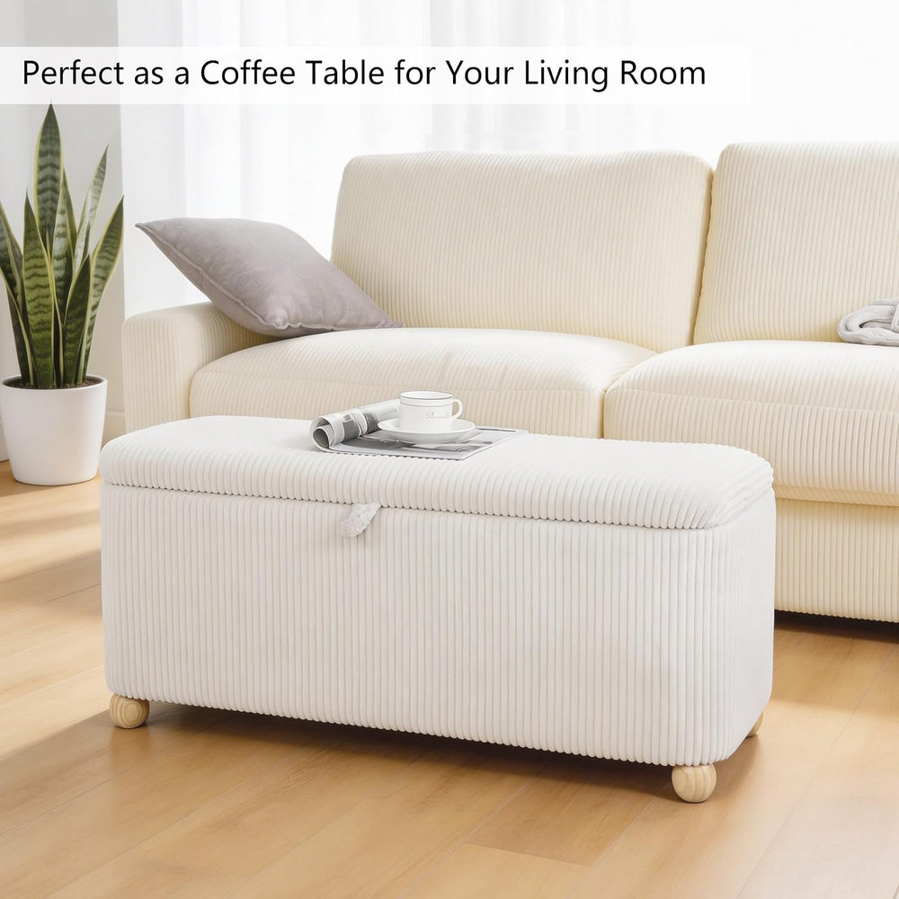 Homebeez 39” Corduroy Storage Ottoman Bench with Hinged Lid & Handle