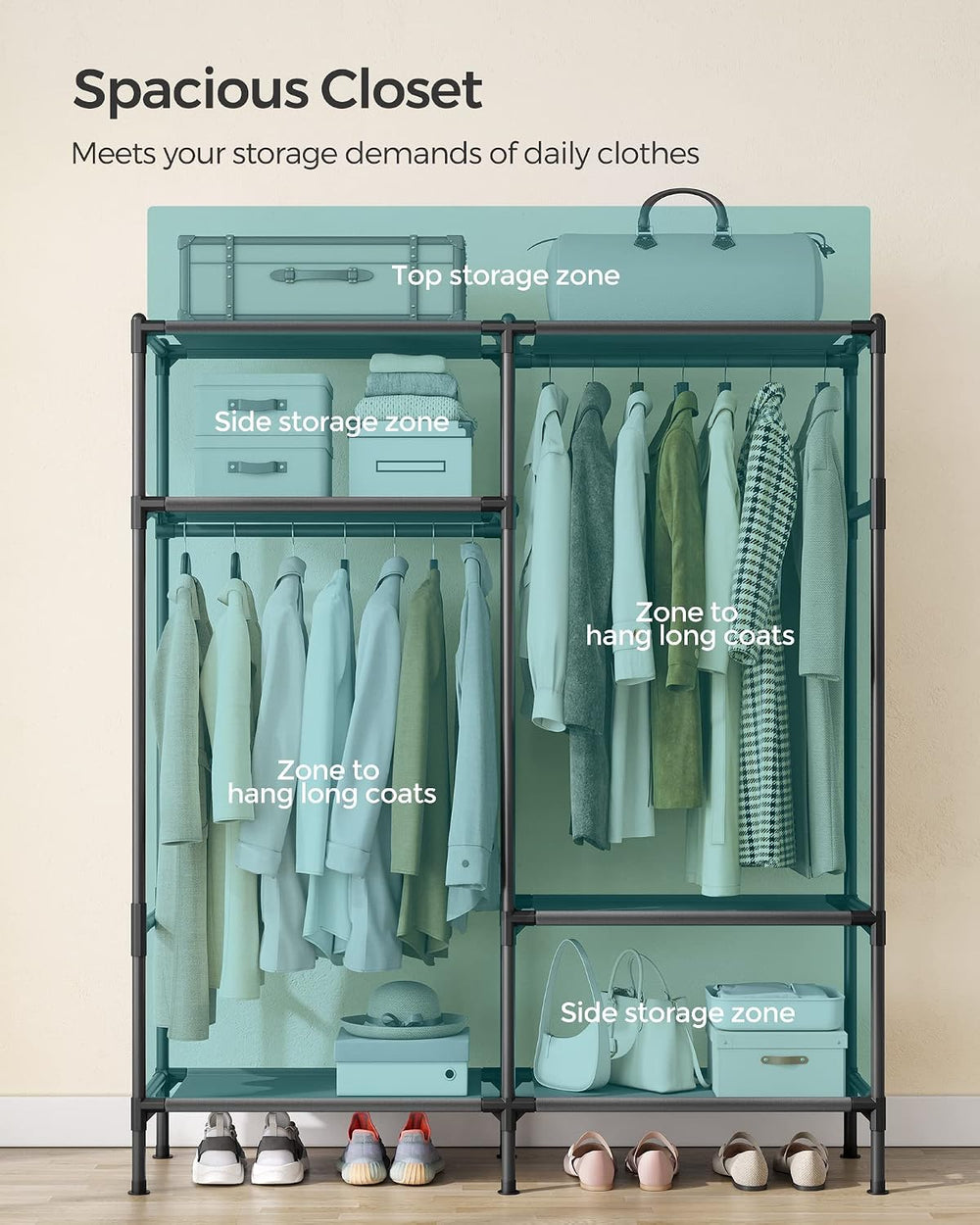 SONGMICS Heavy Duty Clothes Rack, 65 Inch Freestanding Portable Wardrobe with...