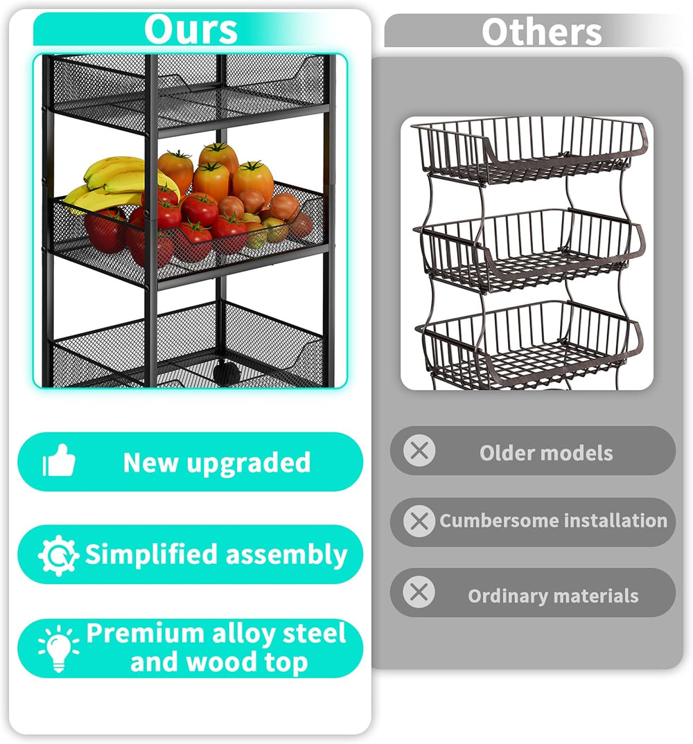 HapiRm Fruit Basket Kitchen Cart - 4-Tier Rolling Storage Cart with Wheels, F...