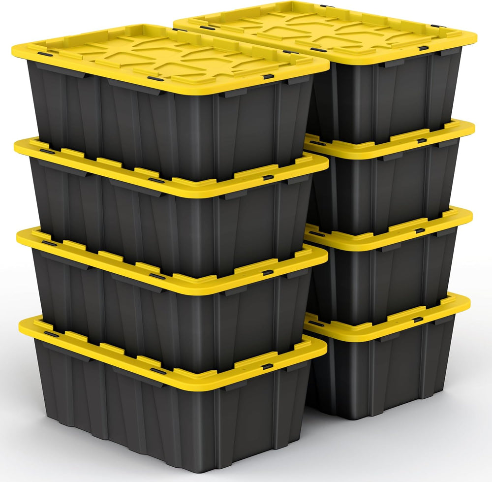 8 PACK of 12 Gallon Medium Black & Yellow Storage Bins | Plastic Tote Org...