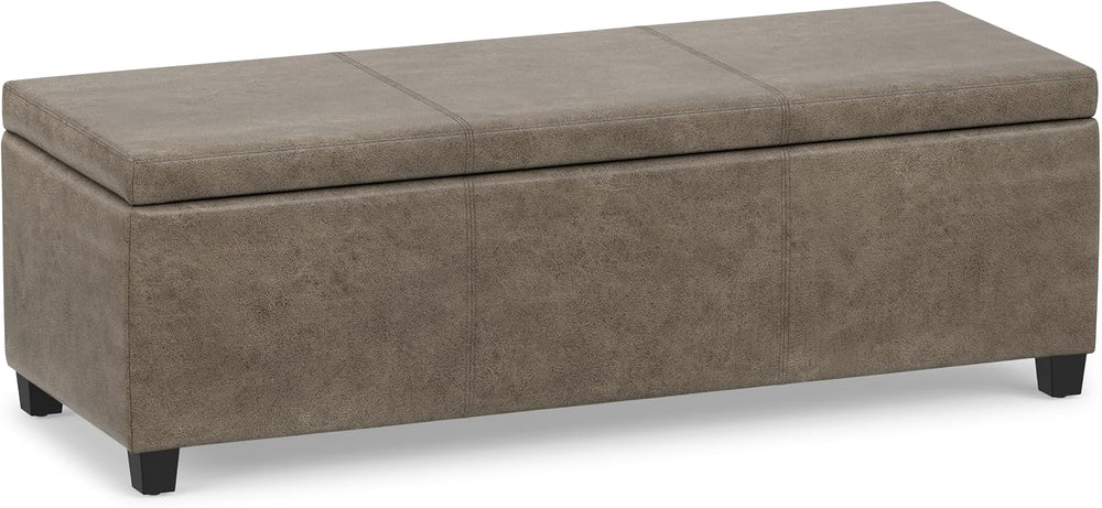 SIMPLIHOME Avalon 48" Wide Vegan Leather Storage Ottoman in Grey Brown
