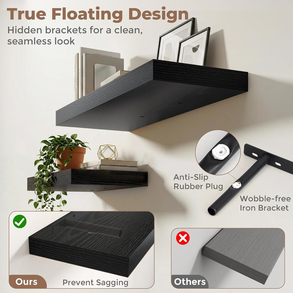 Venusmiles 12 inch Deep Floating Shelves for Wall, 55" Wide, Black, 2-Pack