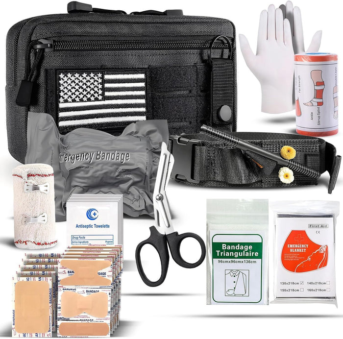 IFAK Trauma Kit with Tourniquet, 4-Inch Israeli Bandage, Elastic Bandages, Set of 34 Pieces Tactical First Aid Kit for Car, Camping, Hiking and Travel (Black)