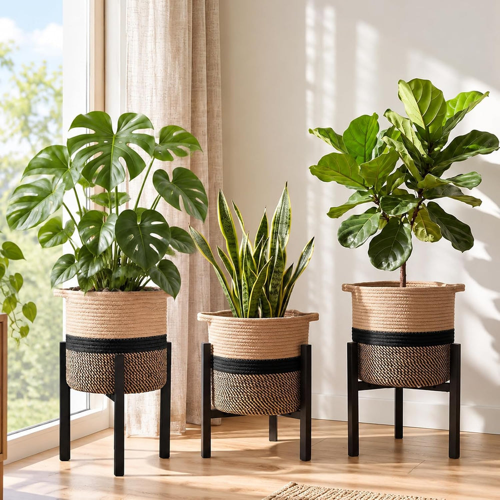 3 Pack Metal Plant Stands with Rope Baskets, Stylish, Boho