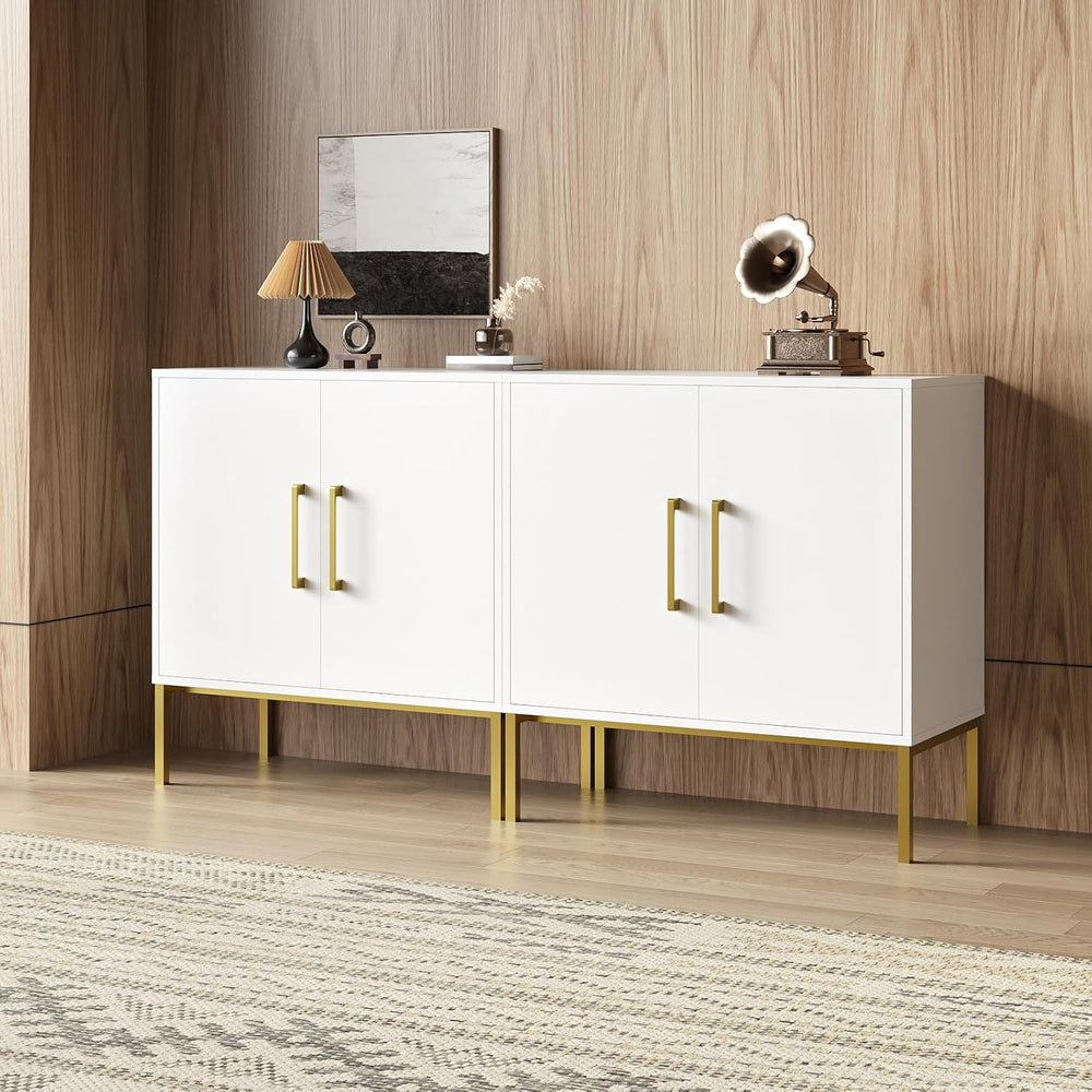 Set of 3 Storage Cabinets with Adjustable Shelf and Gold Handle, White丨Buffet...