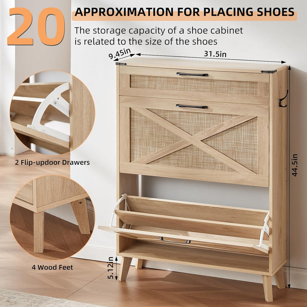 LEYAOYAO Rattan Shoe Cabinet Storage for Entryway with 2 Flip Drawers