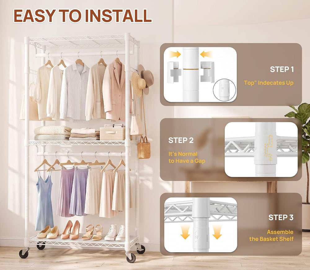 Alpen Double Hanging Rrods Clothes Rack wih Wheels, Easy to Assemble, White