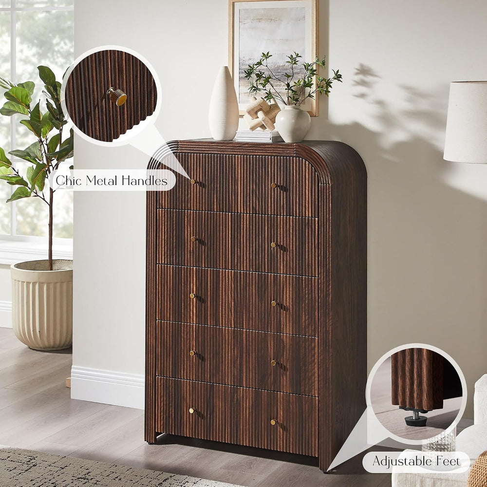 T4TREAM Fluted 48" Tall 5 Drawer Dresser for Bedroom, Dark Walnut