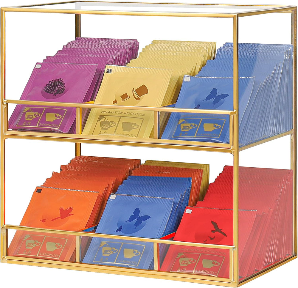 REDHUGO Glass Tea Bag Organizer for Counter, 2-Tier Teabag Organizer Storage ...