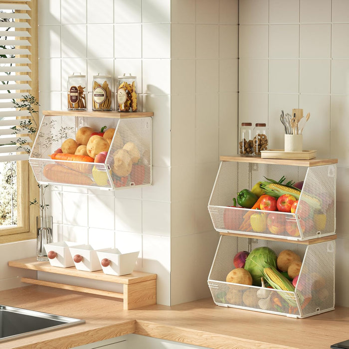 3-Pack Stackable Wire Basket with Wood Lid - Wall Mounted Fruit & Vegetable Bowl for Kitchen, Potato & Onion Storage