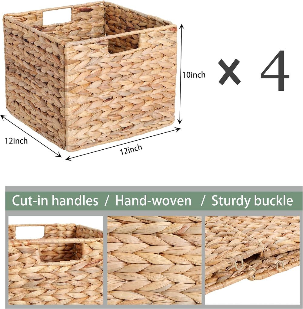 12x12x10 Water Hyacinth Storage Basket Large, Folding Cube Woven Wicker Stora...