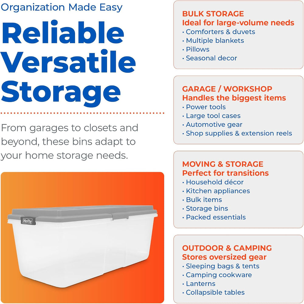 Hefty 113 Qt Hi-Rise Storage Bin with Lid, Stackable Plastic Storage Containe...