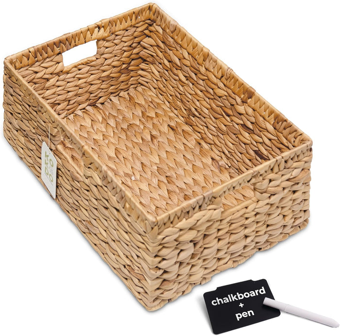 KOKODO 15”L x 11”W Large Rectangular Water Hyacinth Wicker Storage Basket with Handles, Metal Frame and Chalkboard Label, Handwoven Bin for Space-Saving Room Organization