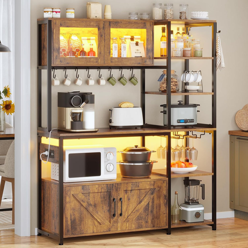 Itaar Bakers Rack with Power Outlet and LED Light, 45.3 Inch Farmhouse Coffee...