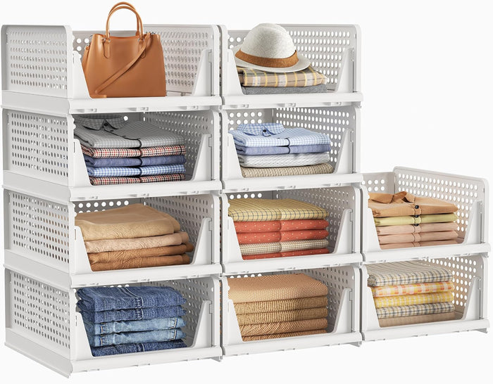 SIMPDIY Storage Baskets Wardrobe Storage Organiser, 10 Pack Folding Storage Boxes, Stackable Storage Drawers Clothes Storage, Plastic Cupboard Organiser Shelves Baskets for Bedroom Wardrobe Bathroom