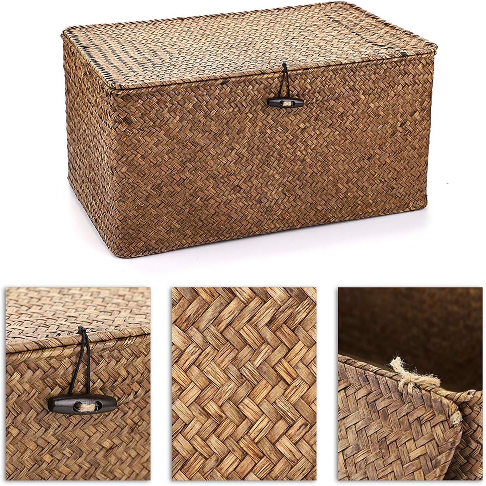 Hipiwe Set of 3 Seagrass Storage Baskets with Lid - Large Woven Wicker Bins