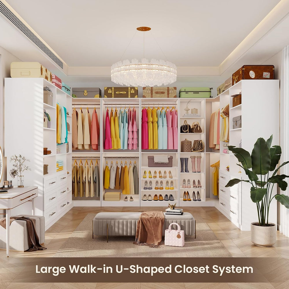 Closet System with 6 Drawers, Corner Closet System with 15 Shelves & 8 Ha...