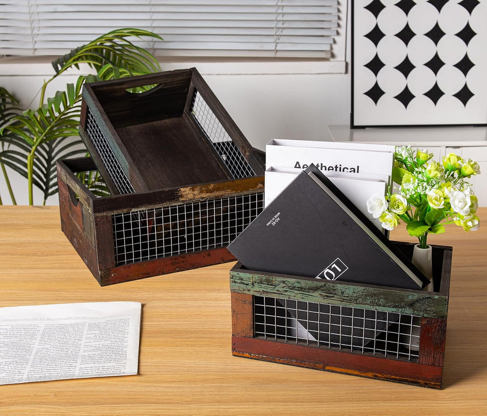 TIMRIS Set of 3 Rustic Wood Nesting Crates, Farmhouse Distressed Wooden Stora...