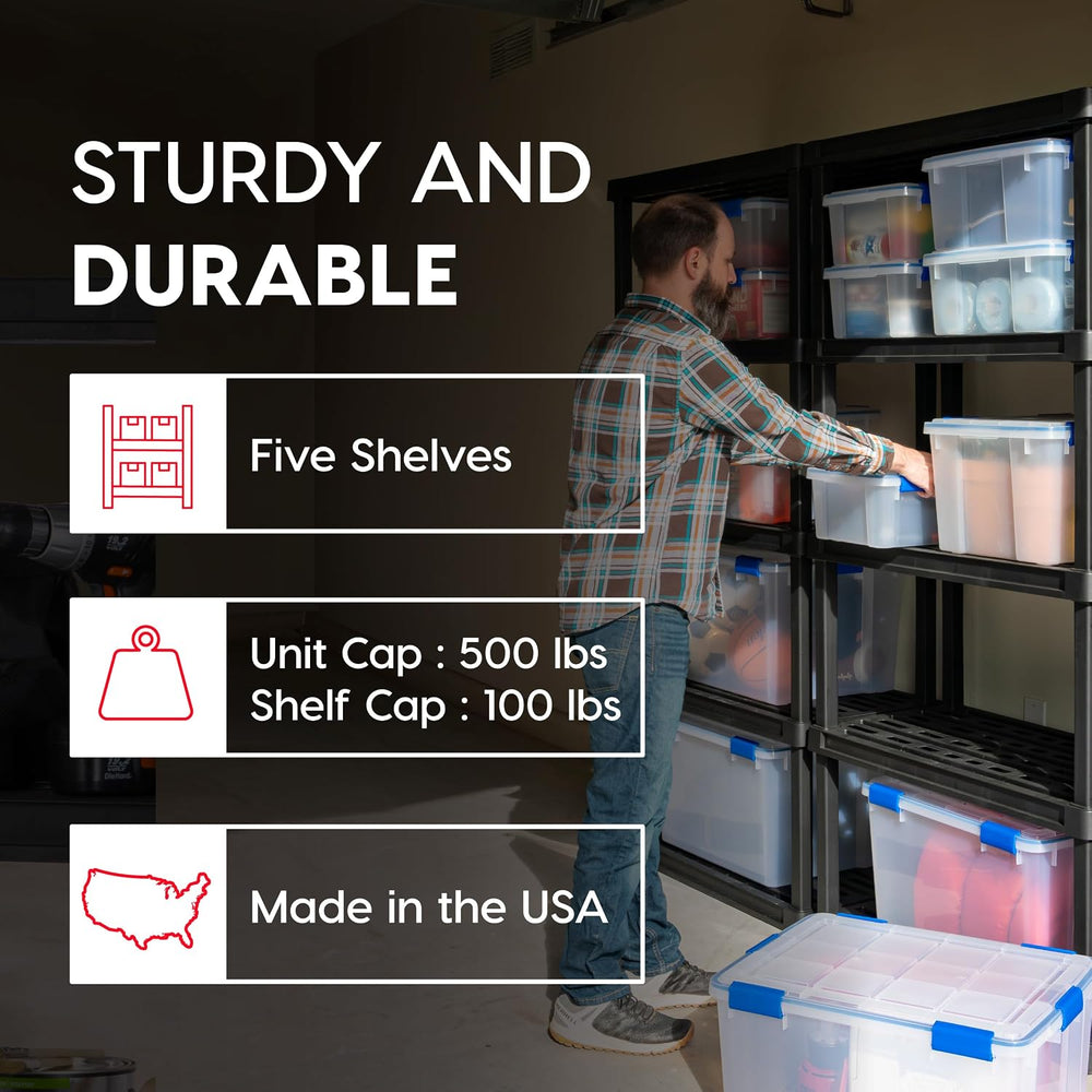 Bundle of IRIS USA 5-Shelf Heavy Duty Plastic Storage Shelves, Black + IRIS U...