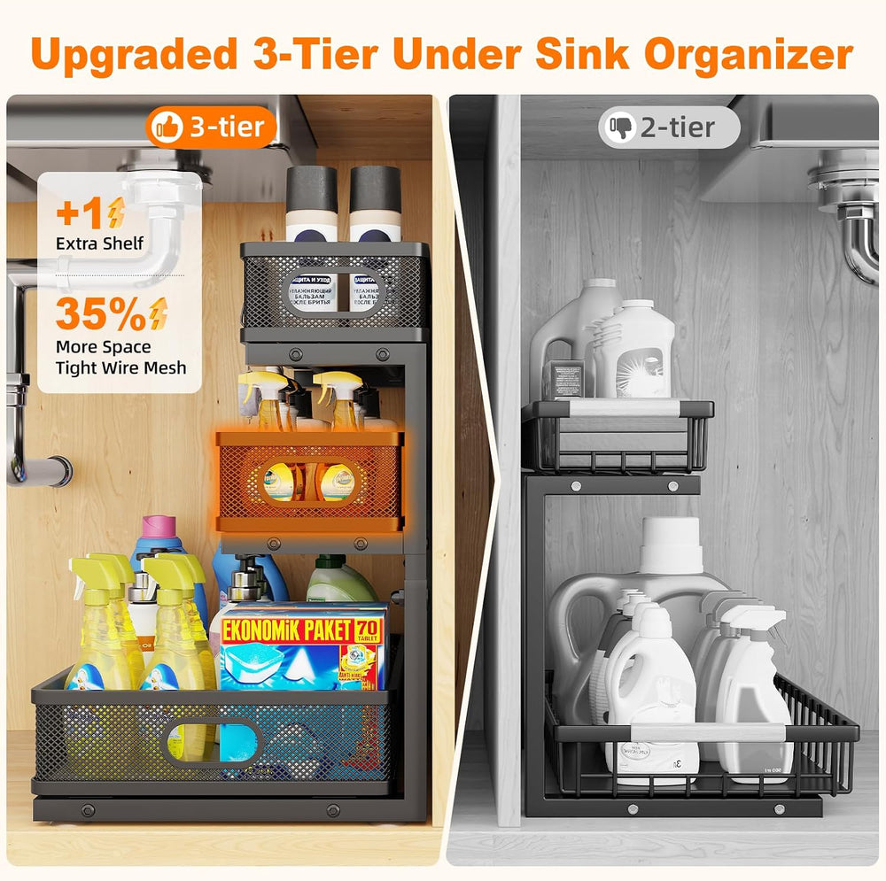 2 Pack 3 Tier Under Sink Organizer,Kitchen Cabinet Undersink Storage Drawer