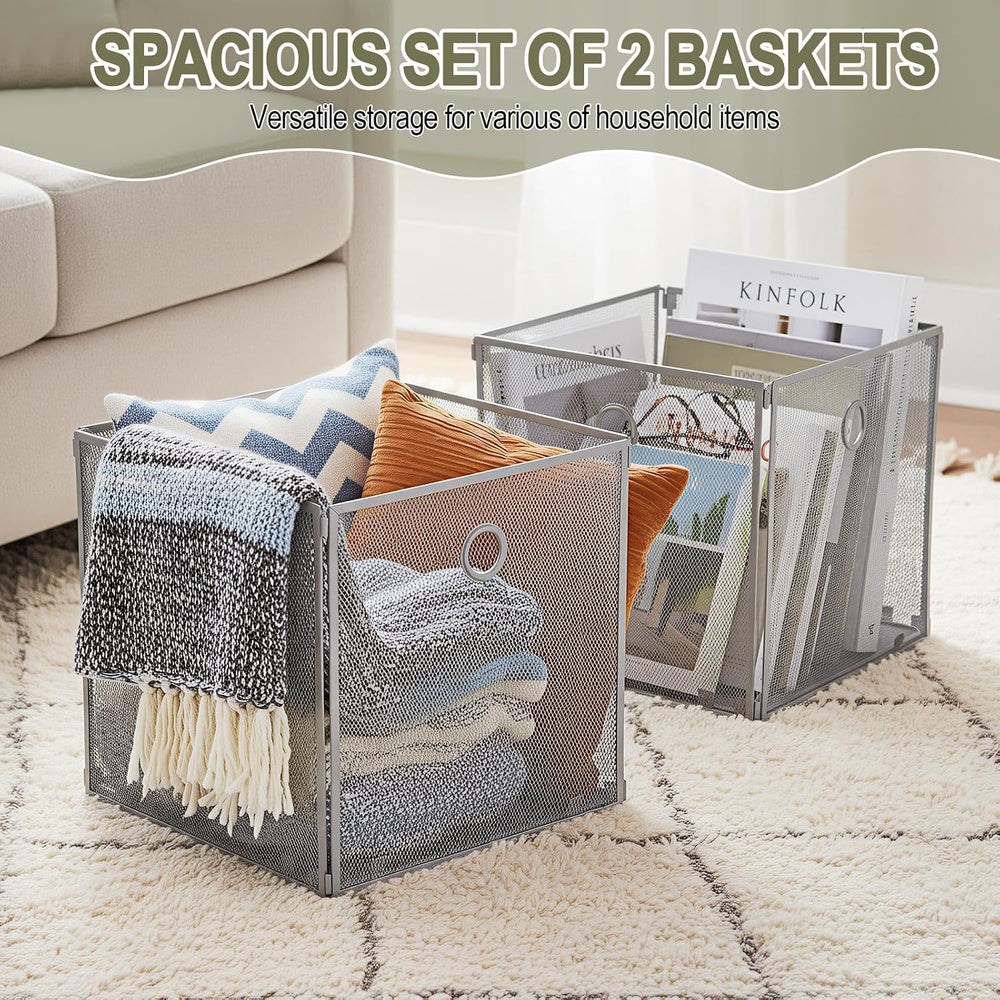 2 Pcs Foldable Metal Cube Storage Baskets, 13x13in, Grey