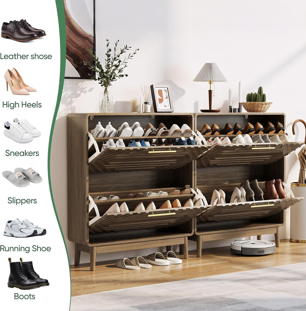 Shoe Storage Cabinet with Hand-Carved Raised Embossed 2 Flip Drawers,Narrow S...