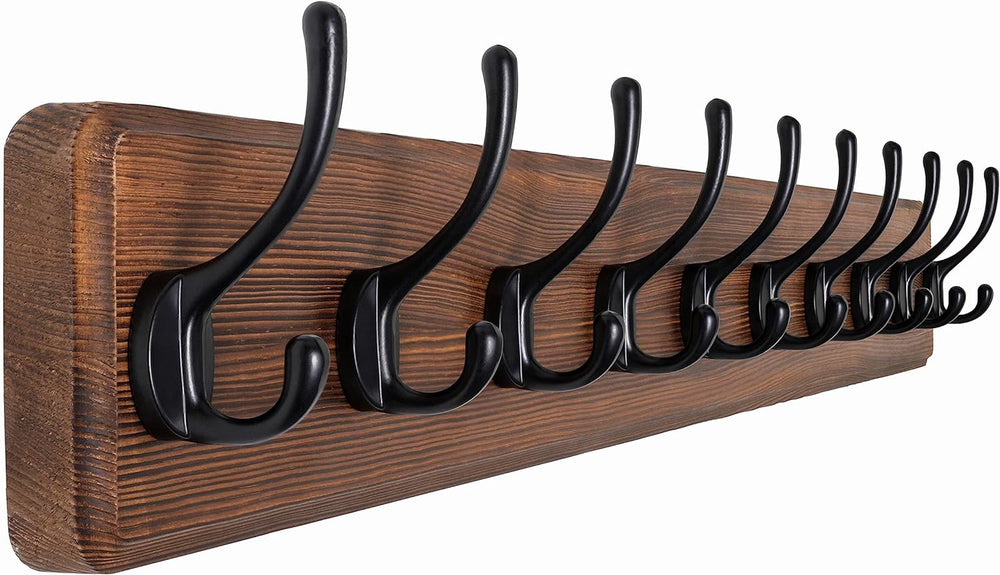 SKOLOO Rustic Wall Mounted Coat Rack, 10 Hooks, 38", Solid Wood, Brown