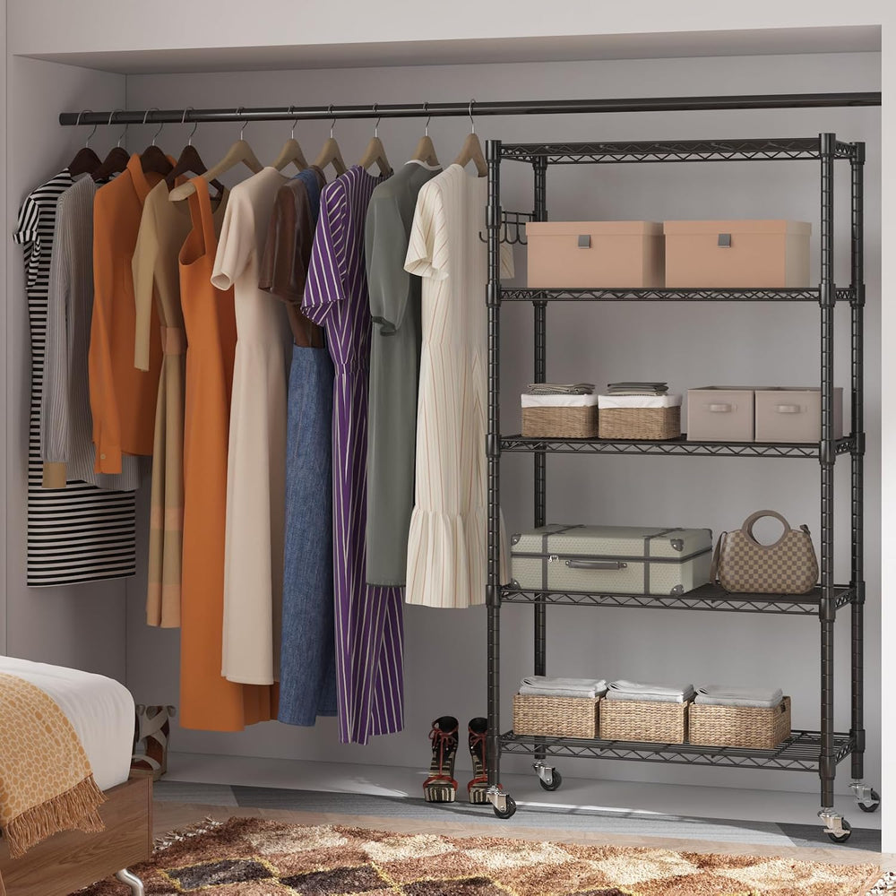 Homdox 5 Tier Metal Storage Shelves with Wheels, Heavy Duty Wire Shelving Uni...