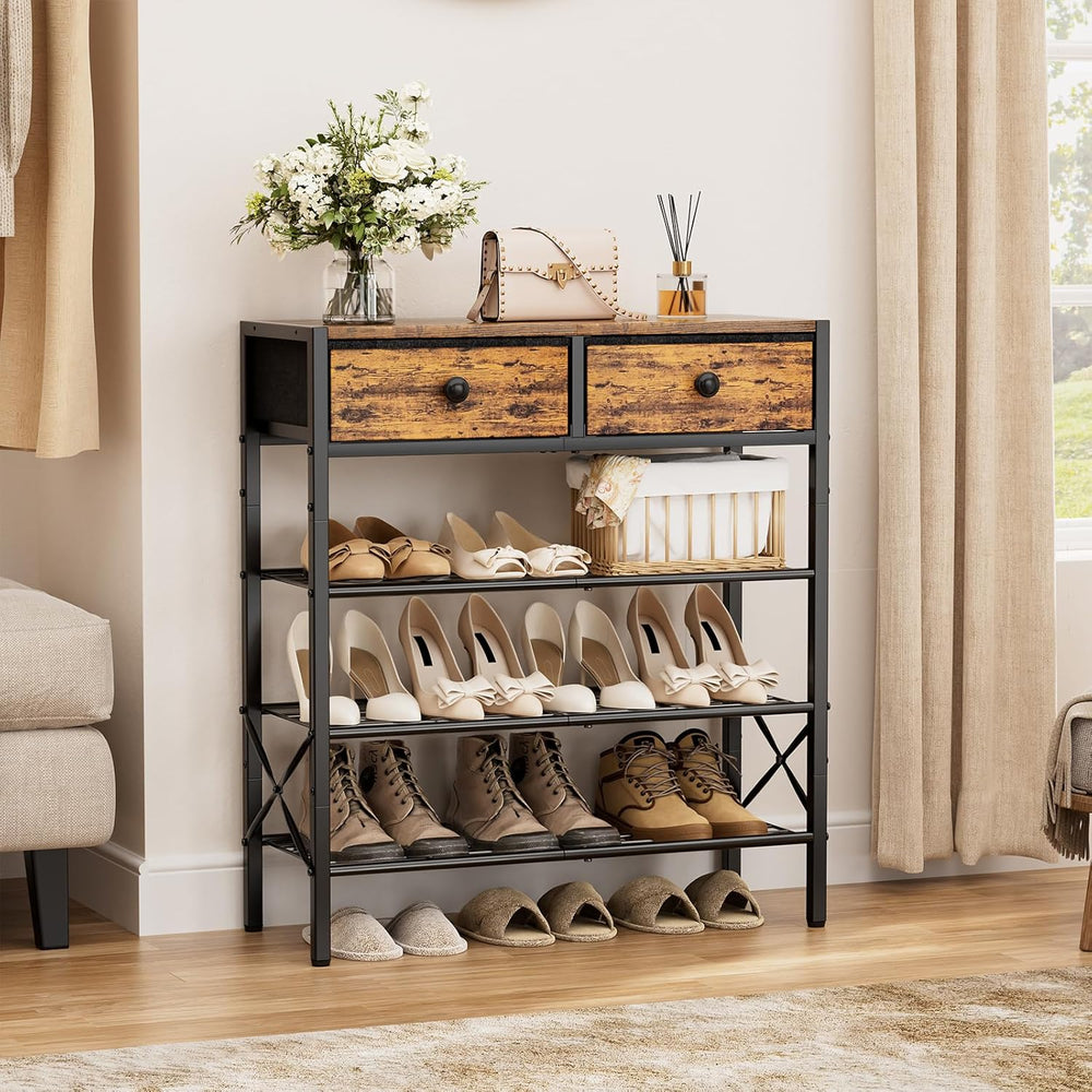 4 Tier Shoe Rack with 2 Drawers, 12-16 Pairs Rustic Brown