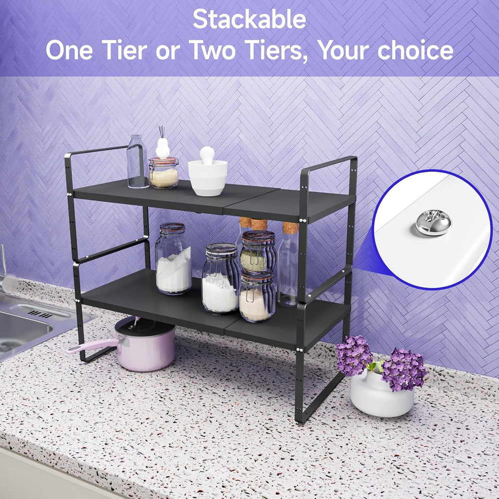 2Pack 16.5-27''L Expandable Cabinet Countertop Shelf Organizer, Black