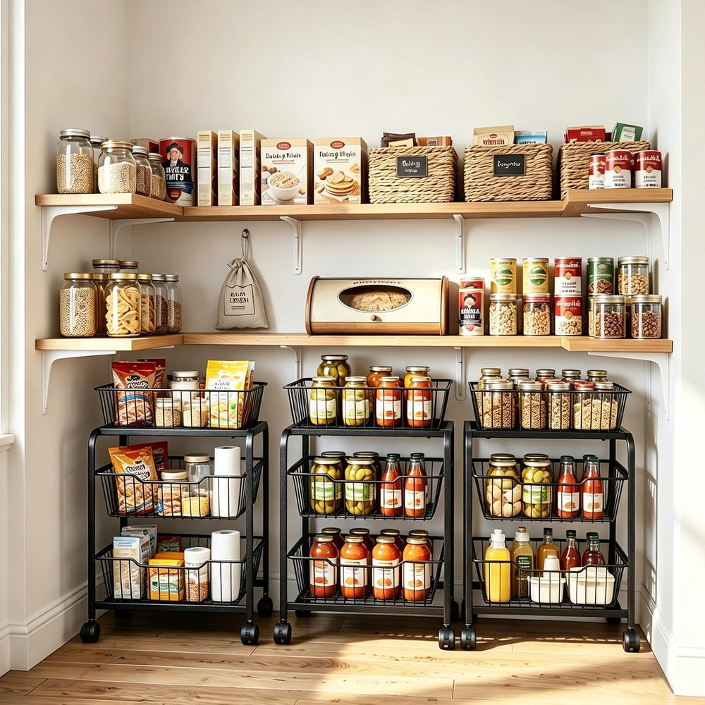 3-Tier Pull-Out Rolling Pantry Floor Organizer and Storage Cart with Wheels