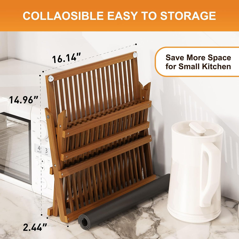 Greenual Teak Dish Drying Rack with Utensil Holder, 3 Tier Collapsible Dish R...