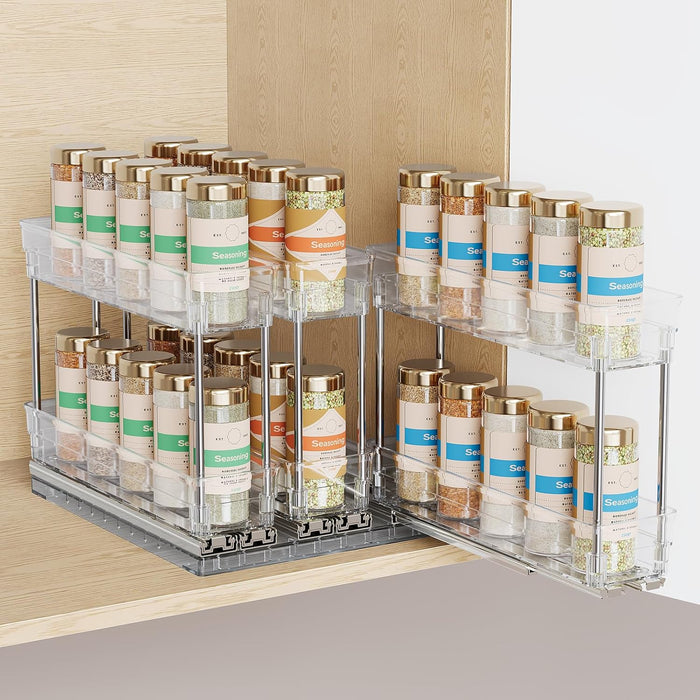 Mystozer Pull Out Spice Rack Organizer for Cabinet, Slide Out Spice Racks Organizer, Easy to Install Spice Cabinet Organizers, 8.5''Wx10.5''Dx8.3''H, 3 Drawers - 2 Tiers (Clear)
