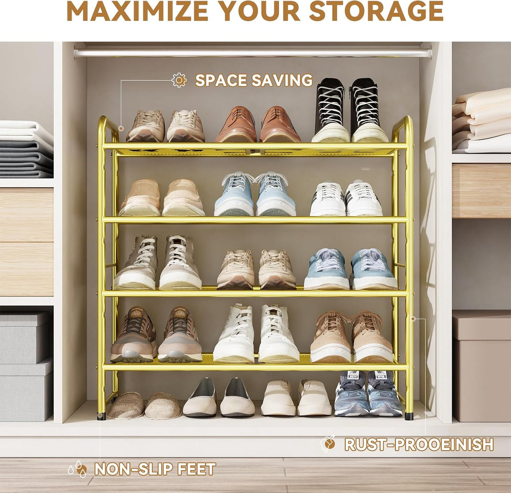 Modern Shoe Rack, 4 Tier Heavy Duty Metal Mesh Shoe Shelf 27 Inch Wide, Gold