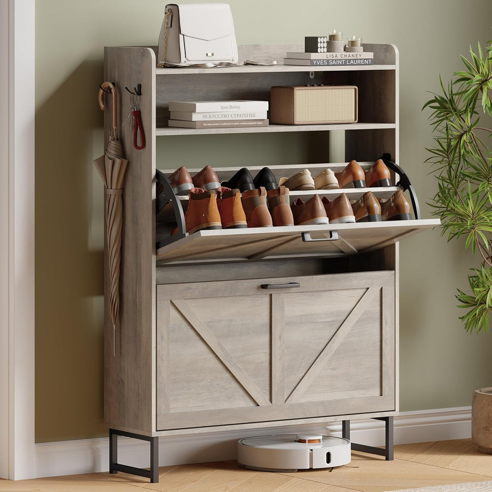 Xixini Shoe Storage Cabinet with 2 Flip Drawers, Entryway Shoe Rack, Grey