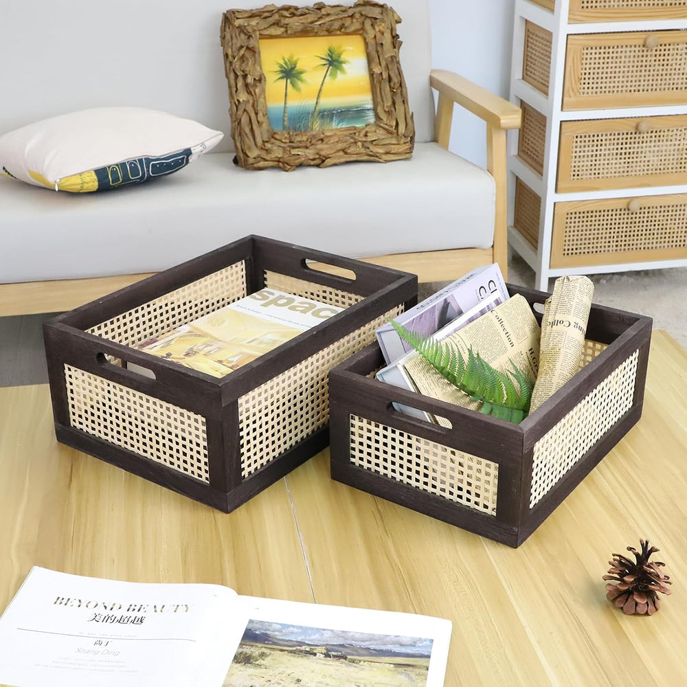 Rattan Wooden Storage Basket with Handle, Brown Set of 2