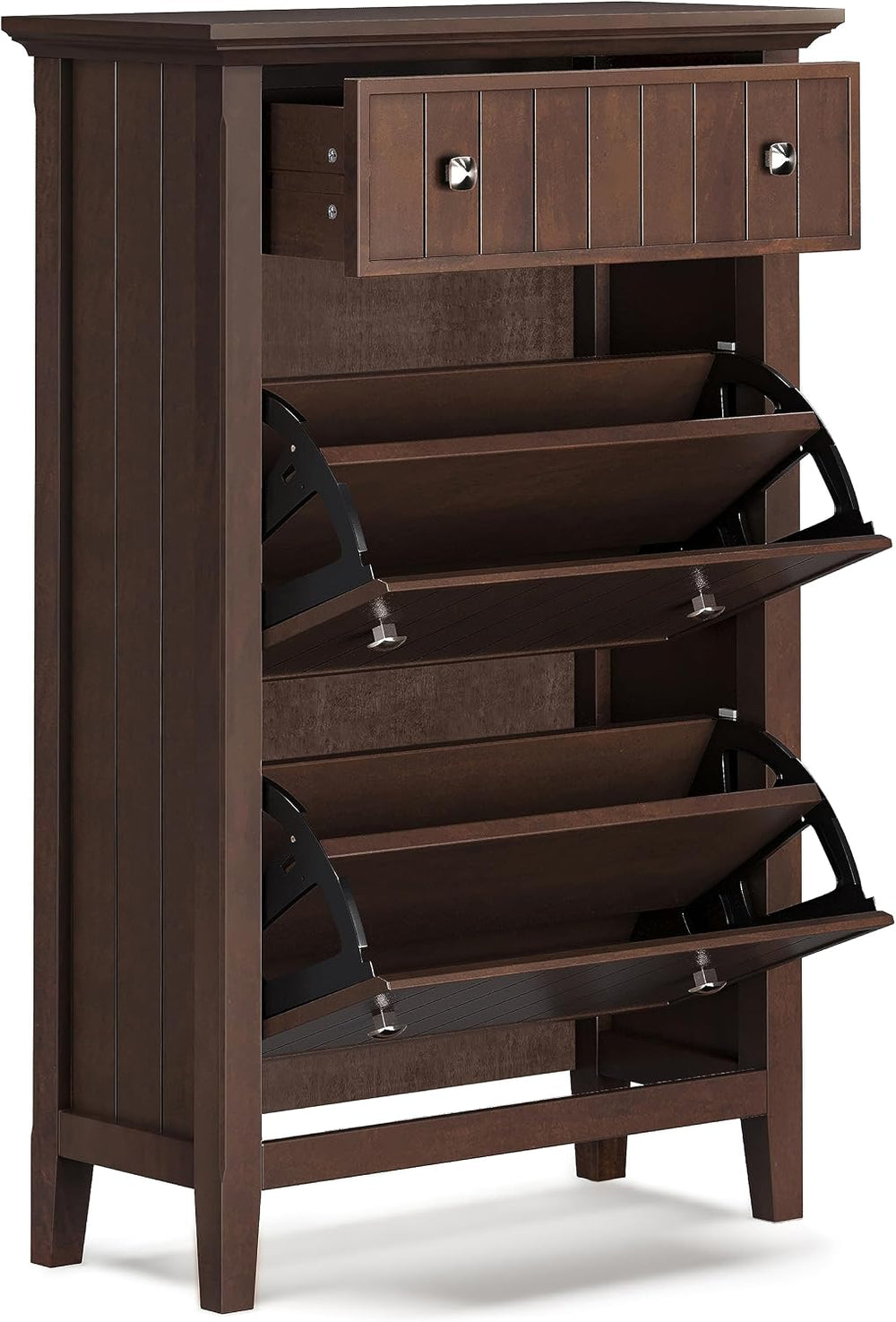 SIMPLIHOME Acadian Storage Bench and Shoe Cabinet Set in Brunette Brown