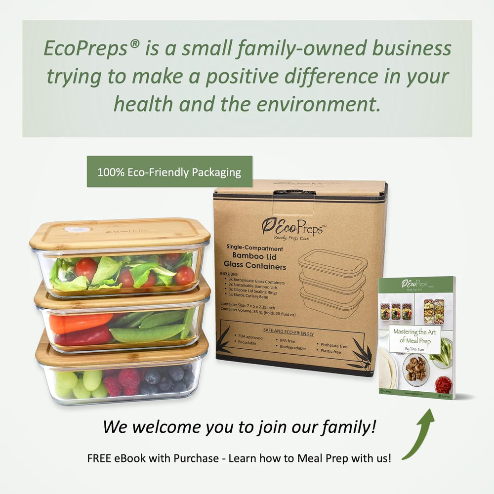 EcoPreps Patented Glass Meal Prep Containers with Bamboo Lids, 3 Pack, 36oz