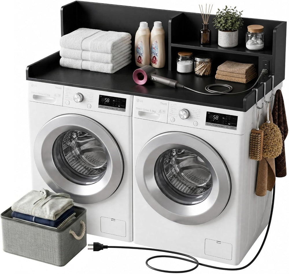 2-Tier Washer Dryer Countertop with Charging Station & Shelves, 54" ...