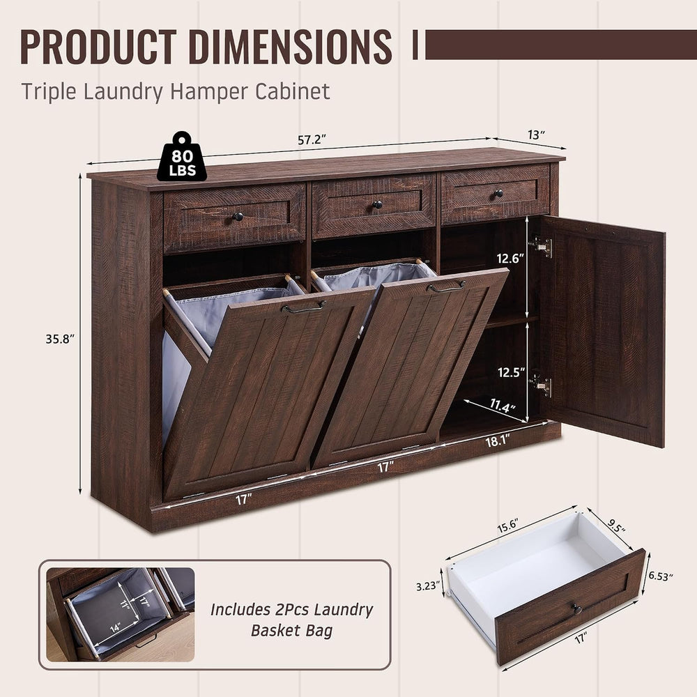 IFBUY Triple Tilt Out Laundry Hamper Cabinet, Trash Cabinet, Brown
