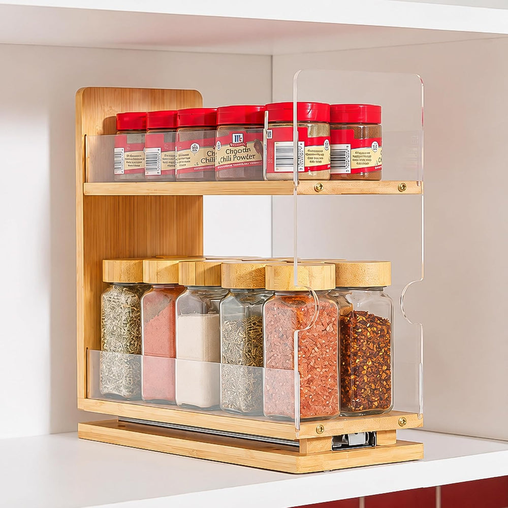 Bamboo 2-Tier Pull Out Spice Rack Organizer for Cabinet, 4.4" W Slide-Ou...