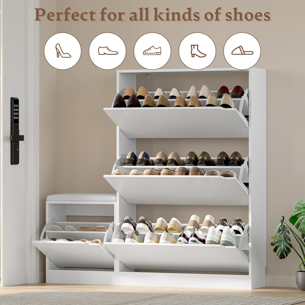 BORNOON Shoe Cabinet with Bench and 3 Flip Drawers, Slim Narrow Shoe Storage ...